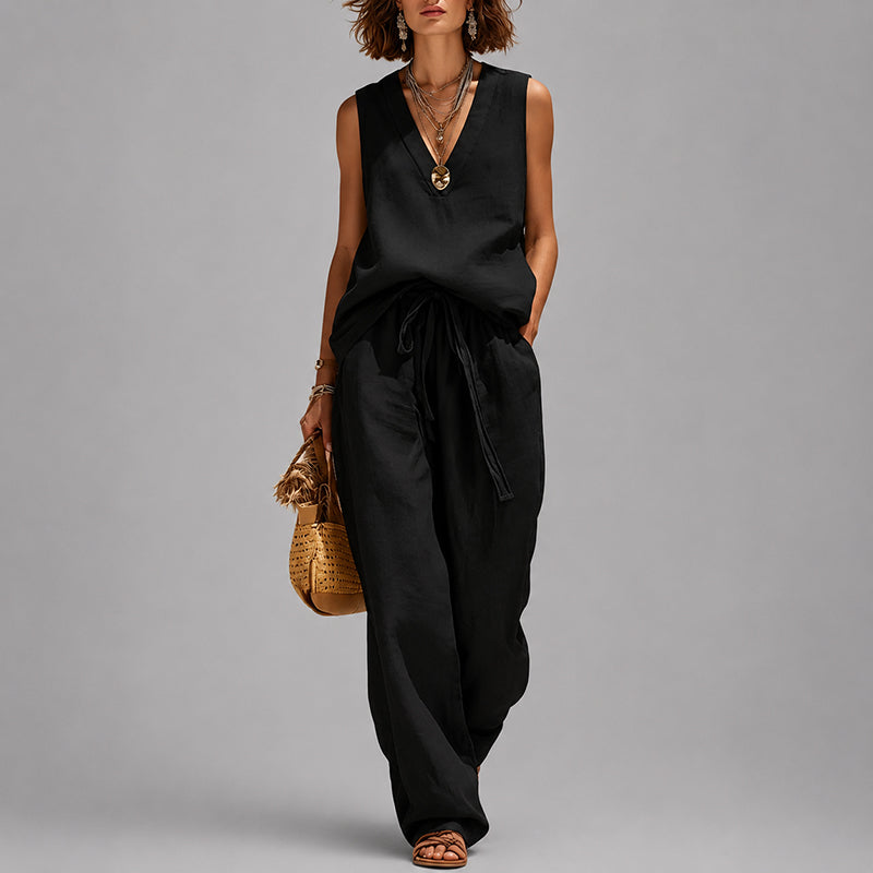 Alana - Cotton Sleeveless V-Neck Top and Pants Set