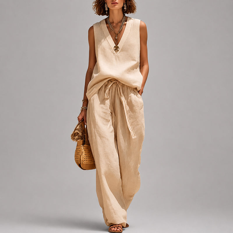Alana - Cotton Sleeveless V-Neck Top and Pants Set