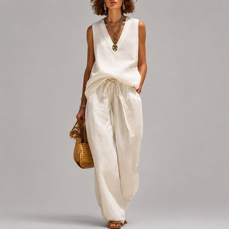 Alana - Cotton Sleeveless V-Neck Top and Pants Set