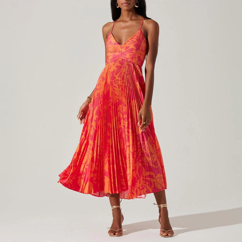 Alanna - Women's Tropical Print Pleated Midi Dress