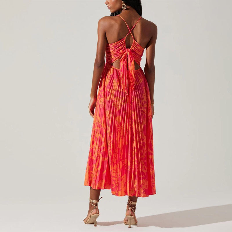 Alanna - Women's Tropical Print Pleated Midi Dress