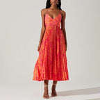 Alanna - Women's Tropical Print Pleated Midi Dress