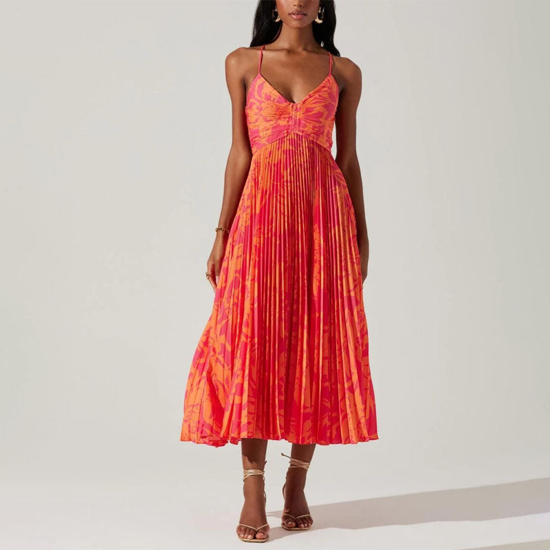 Alanna - Women's Tropical Print Pleated Midi Dress