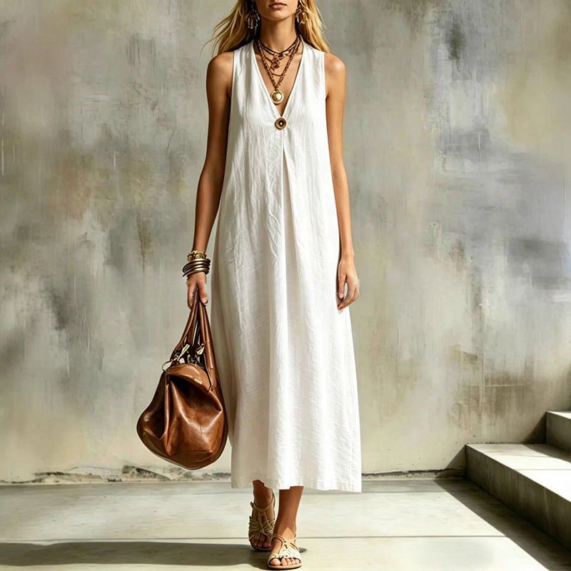 Alexa - Women's Sleeveless Linen Look Maxi Dress