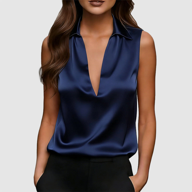 Alyssa - Women’s Sleeveless Satin V-Neck Blouse with Collar