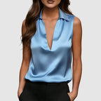 Alyssa - Women’s Sleeveless Satin V-Neck Blouse with Collar