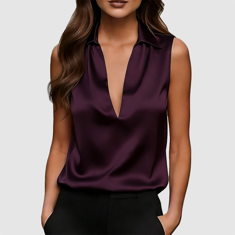 Alyssa - Women’s Sleeveless Satin V-Neck Blouse with Collar