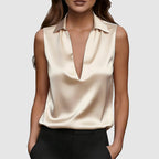Alyssa - Women’s Sleeveless Satin V-Neck Blouse with Collar