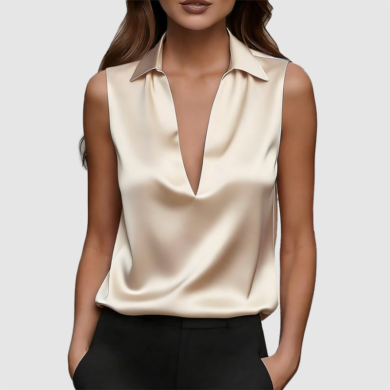Alyssa - Women’s Sleeveless Satin V-Neck Blouse with Collar