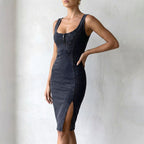 Amanda - Women’s Denim Midi Dress with Side Slit
