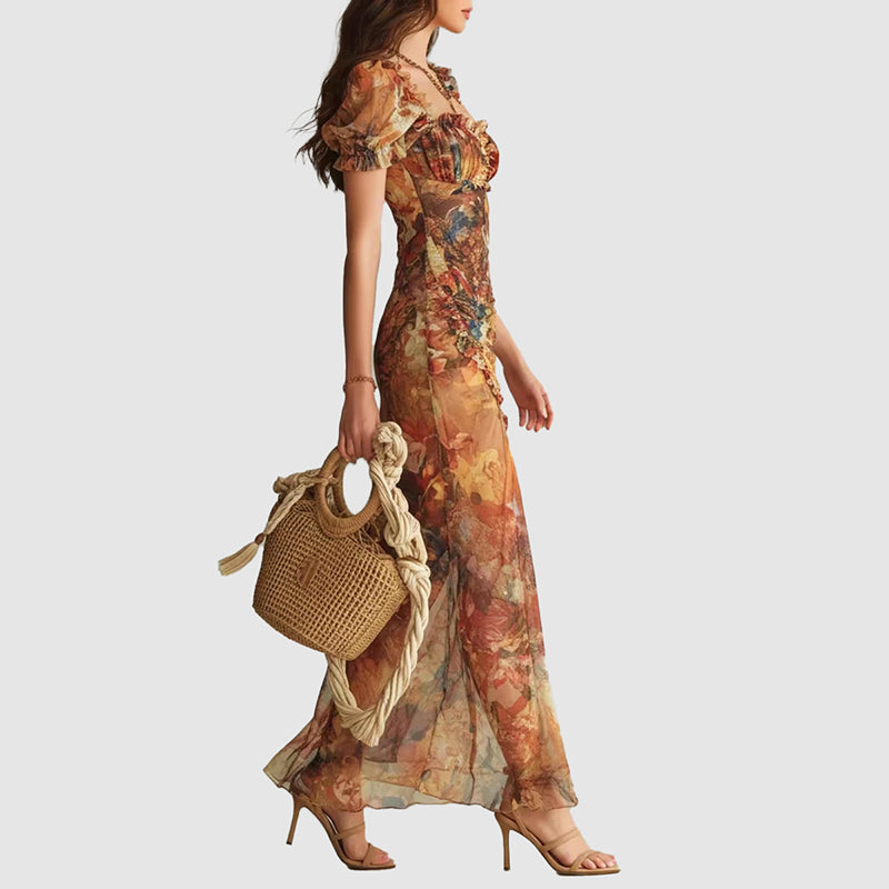 Arabella - Women’s Boho Floral Ruched Maxi Dress