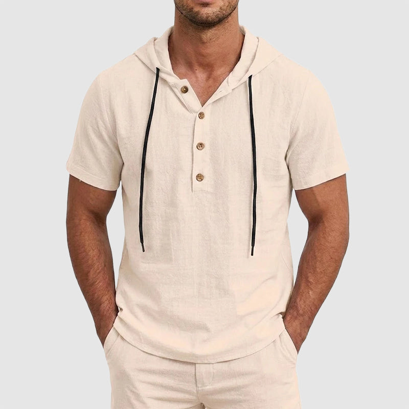 Asher - Cotton Short Sleeve Hooded Henley Shirt