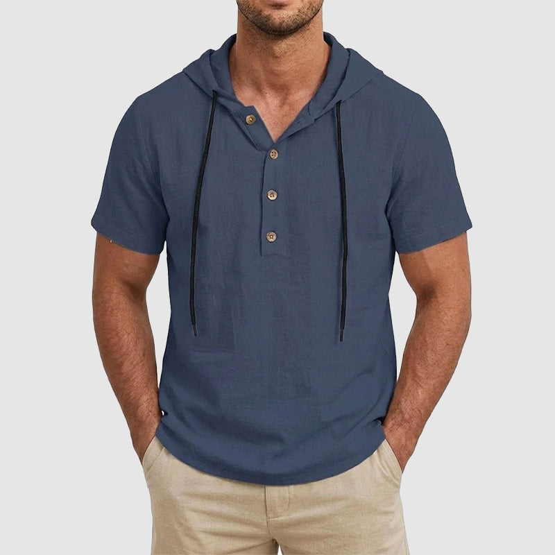 Asher - Cotton Short Sleeve Hooded Henley Shirt
