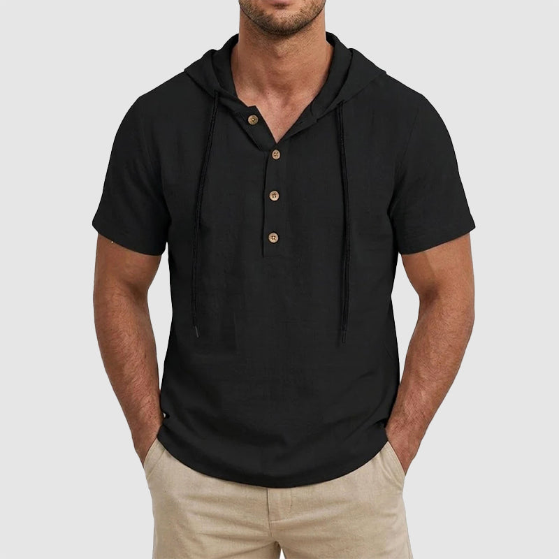 Asher - Cotton Short Sleeve Hooded Henley Shirt