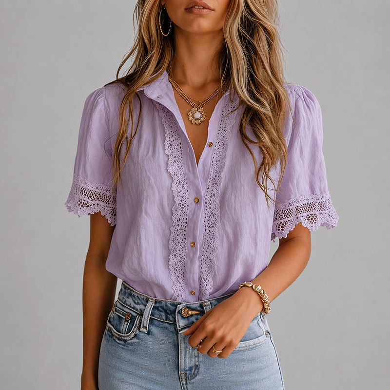 Aubrey - Women's Vintage Crochet Button-Up Blouse