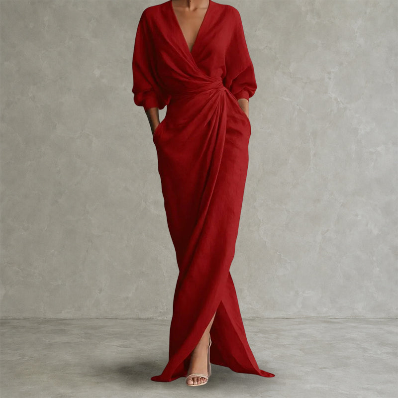 Audrey - Women's Draped Wrap Linen Look Maxi Dress