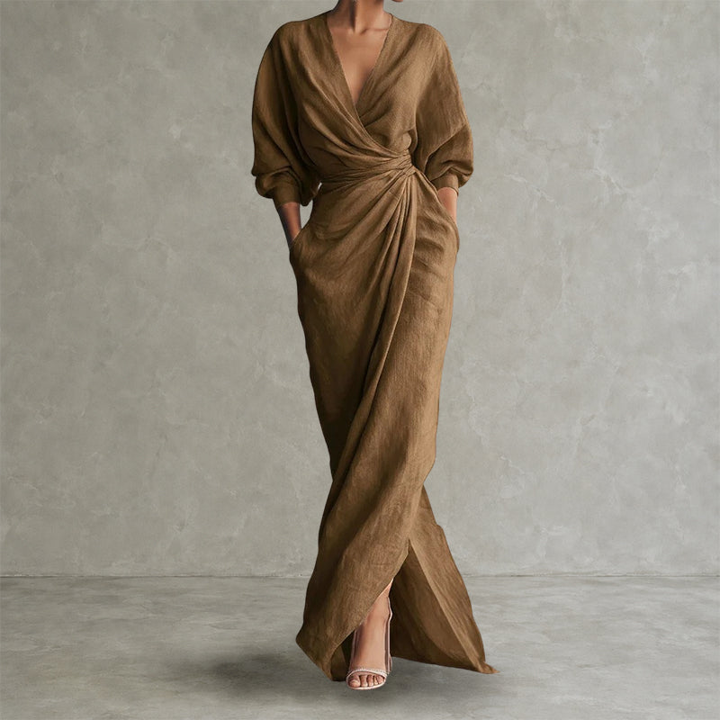 Audrey - Women's Draped Wrap Linen Look Maxi Dress