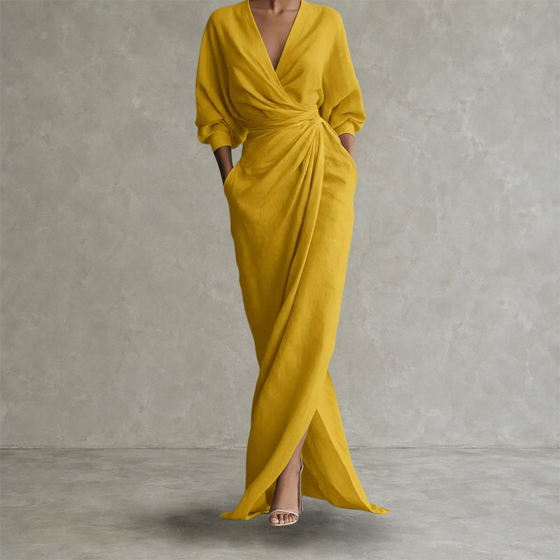 Audrey - Women's Draped Wrap Linen Look Maxi Dress