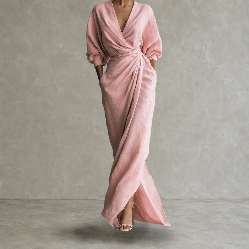 Audrey - Women's Draped Wrap Linen Look Maxi Dress