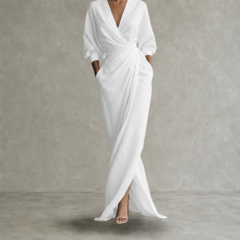 Audrey - Women's Draped Wrap Linen Look Maxi Dress