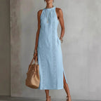Brooke - Women's Linen Look Lace Trim Midi Dress