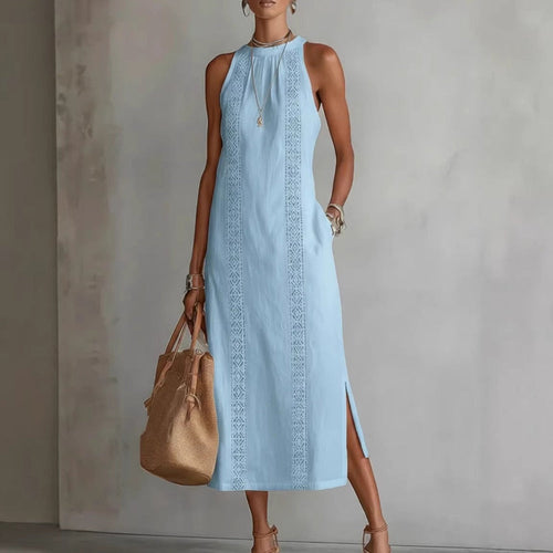 Brooke - Women's Linen Look Lace Trim Midi Dress