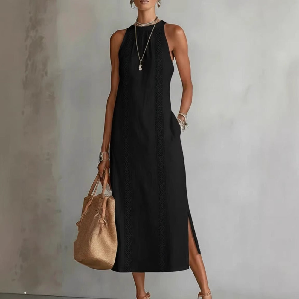 Brooke - Women's Linen Look Lace Trim Midi Dress