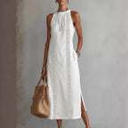 Brooke - Women's Linen Look Lace Trim Midi Dress