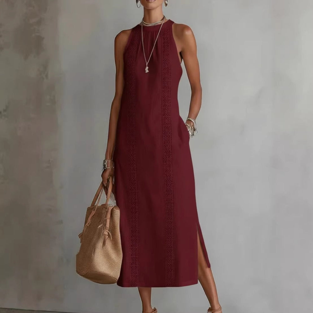 Brooke - Women's Linen Look Lace Trim Midi Dress