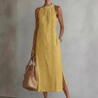 Brooke - Women's Linen Look Lace Trim Midi Dress
