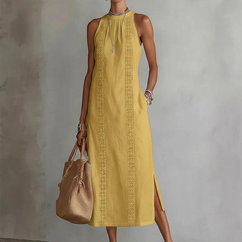 Brooke - Women's Linen Look Lace Trim Midi Dress