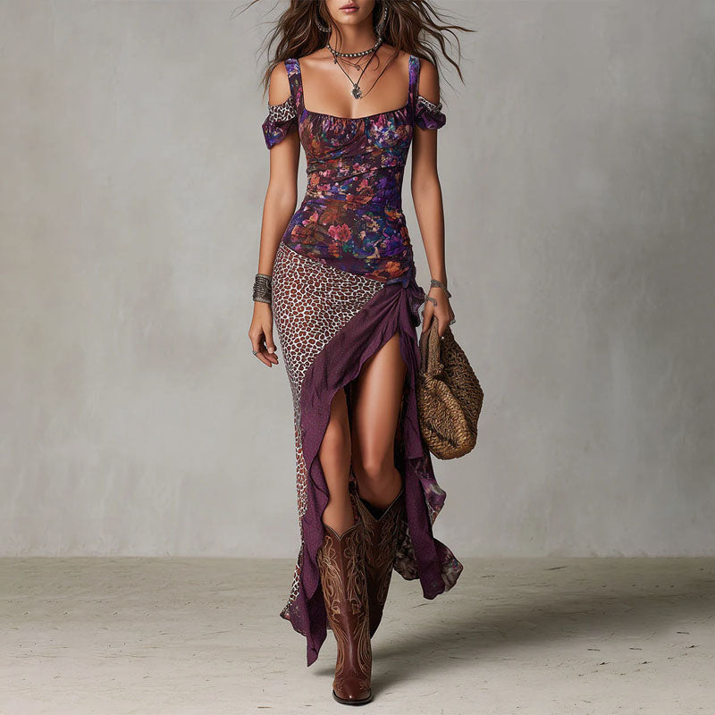 Cadence - Women's Mixed Print Draped Slit Maxi Dress