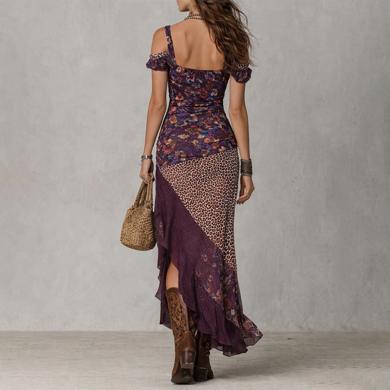 Cadence - Women's Mixed Print Draped Slit Maxi Dress