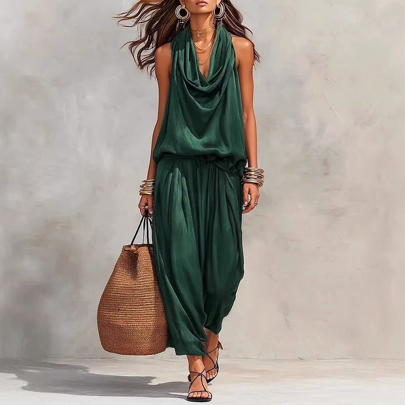 Carolina - Women's Draped Halter Top & Wide Leg Set