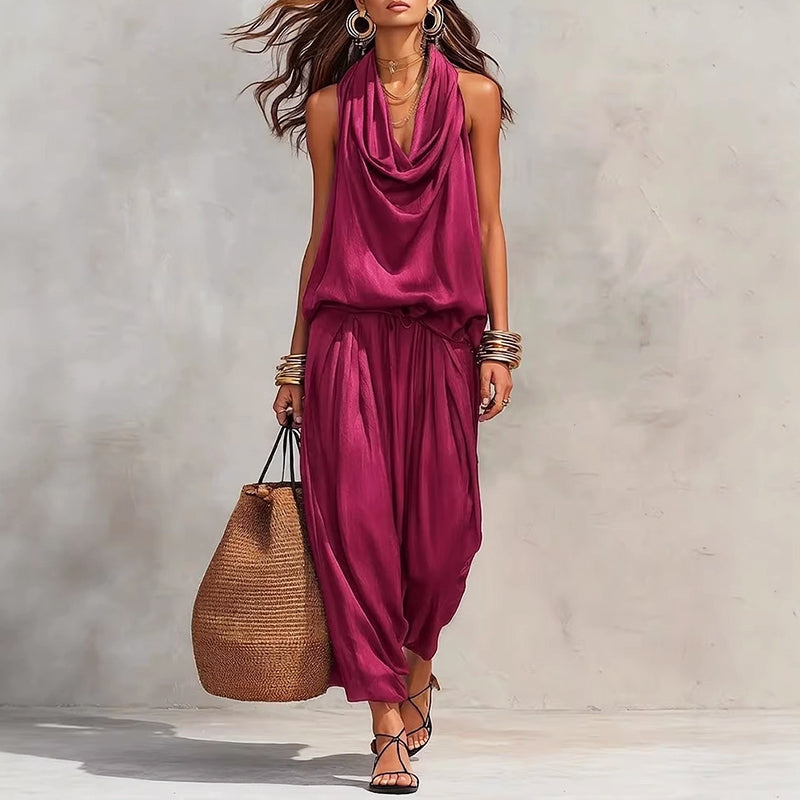 Carolina - Women's Draped Halter Top & Wide Leg Set