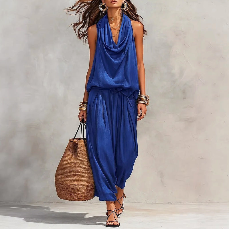 Carolina - Women's Draped Halter Top & Wide Leg Set