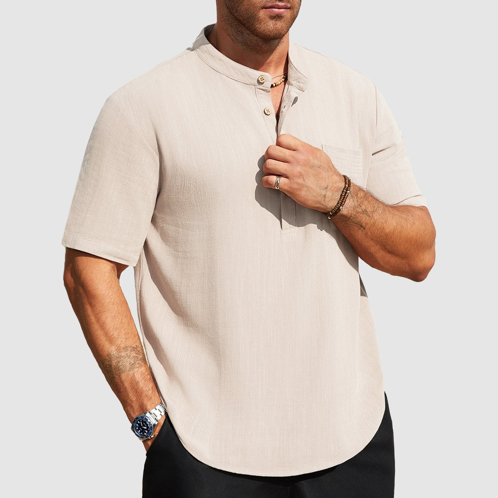 Cayden - Men’s Linen-Blend Short Sleeve Henley Shirt