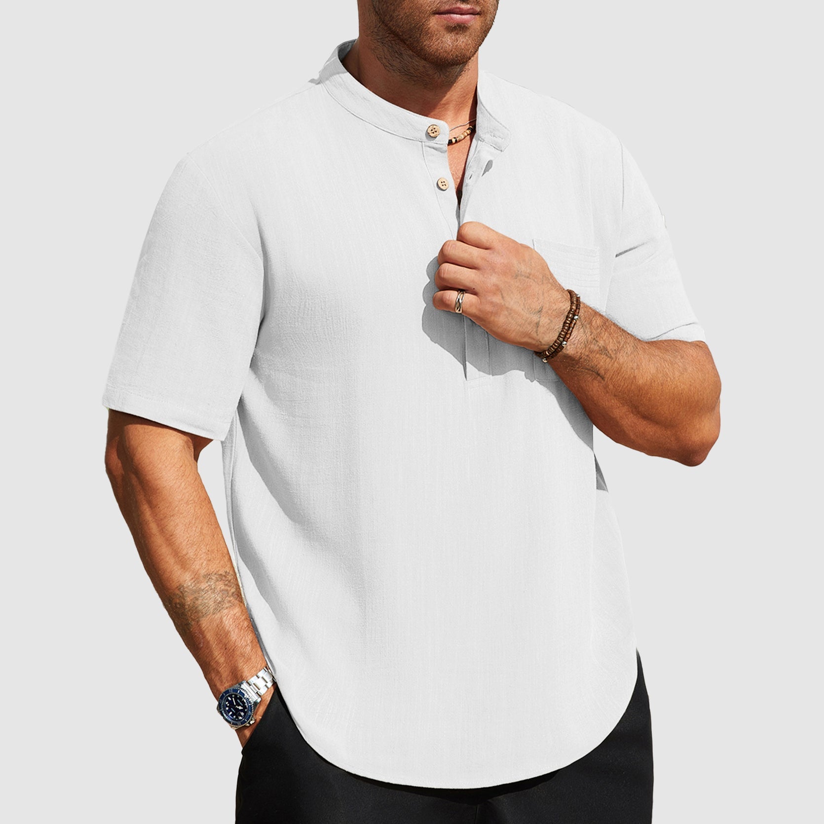Cayden - Men’s Linen-Blend Short Sleeve Henley Shirt