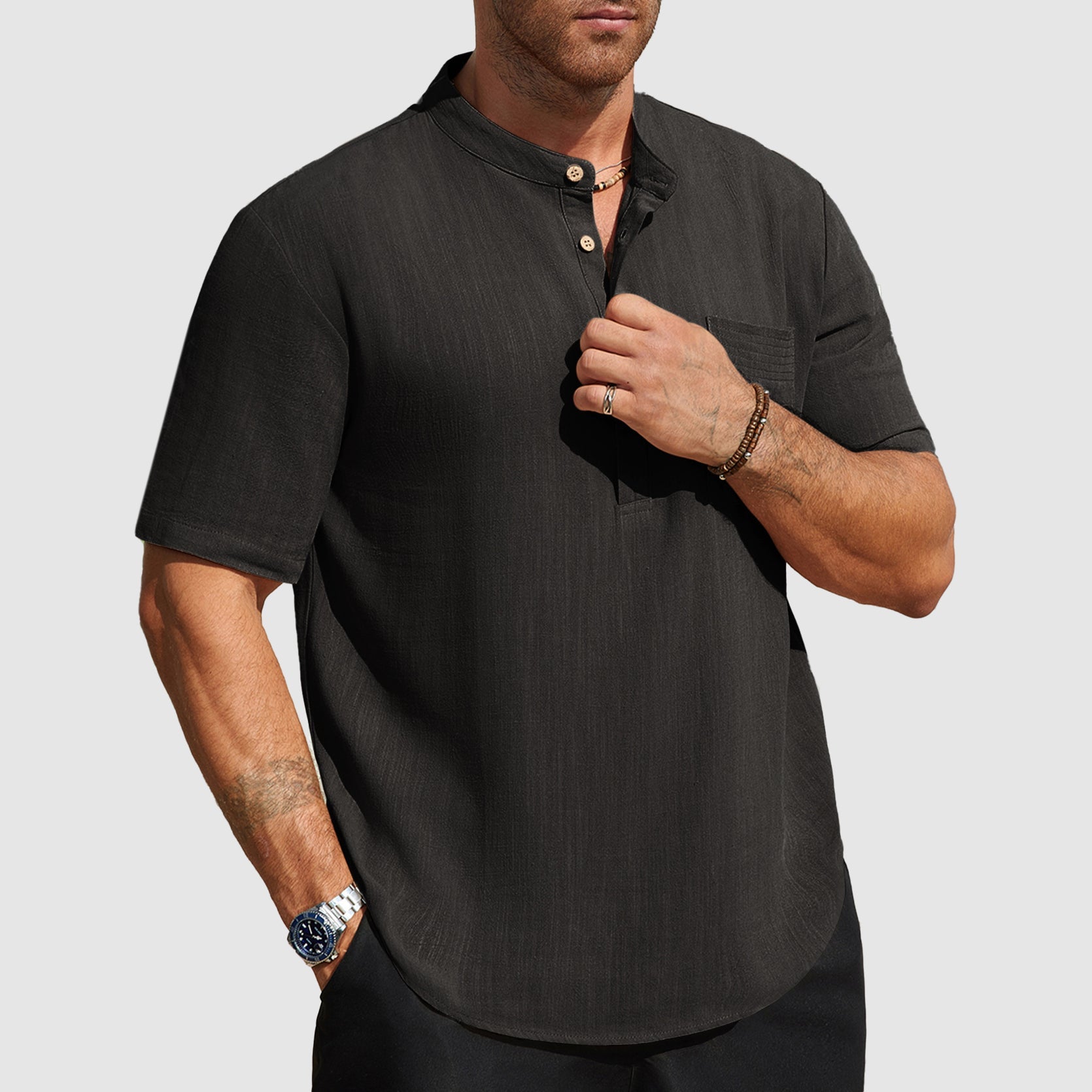 Cayden - Men’s Linen-Blend Short Sleeve Henley Shirt