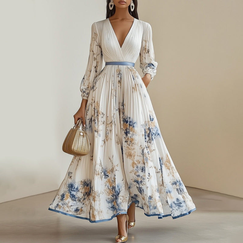 Cecelia - Women's Floral Pleated V-Neck Maxi Dress