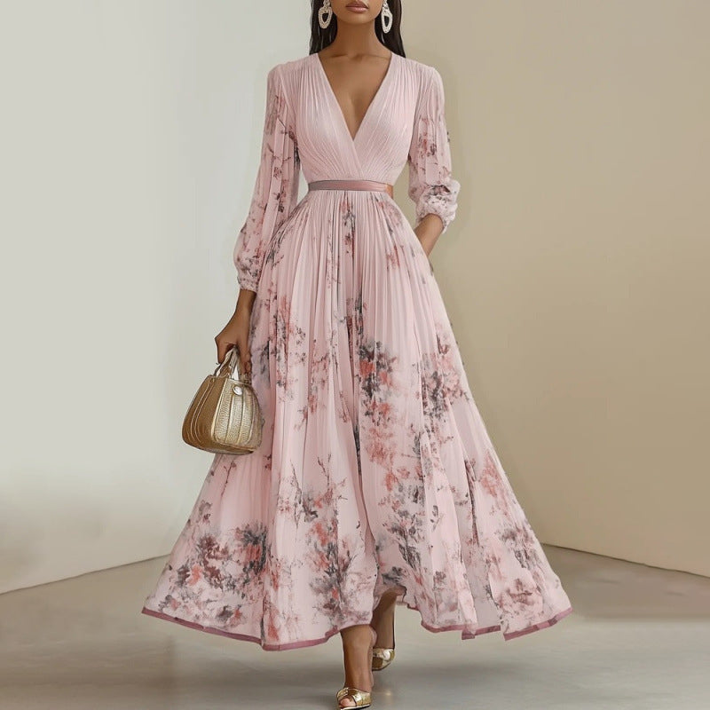 Cecelia - Women's Floral Pleated V-Neck Maxi Dress