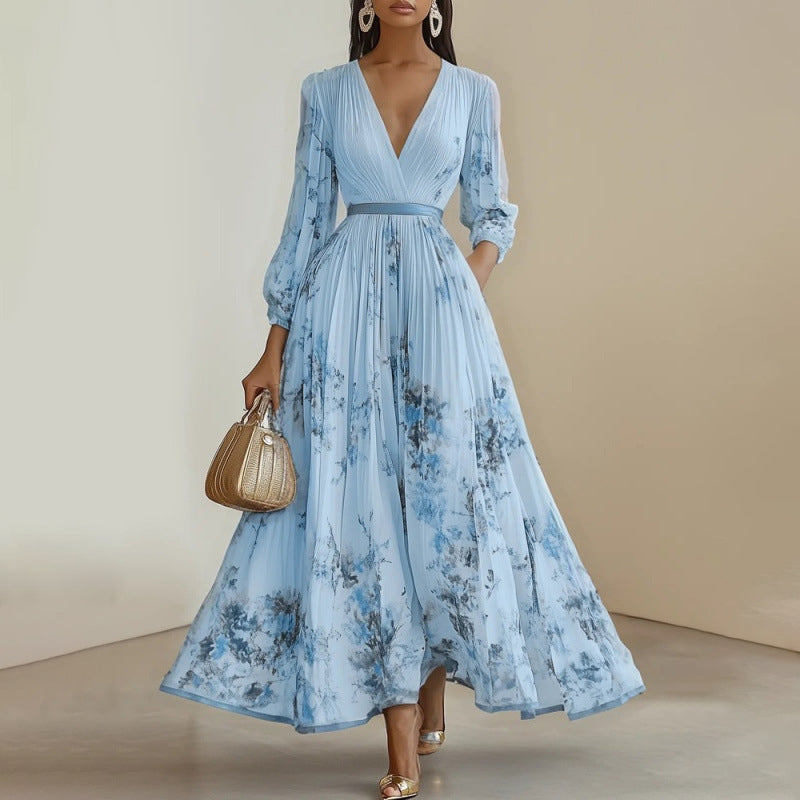 Cecelia - Women's Floral Pleated V-Neck Maxi Dress