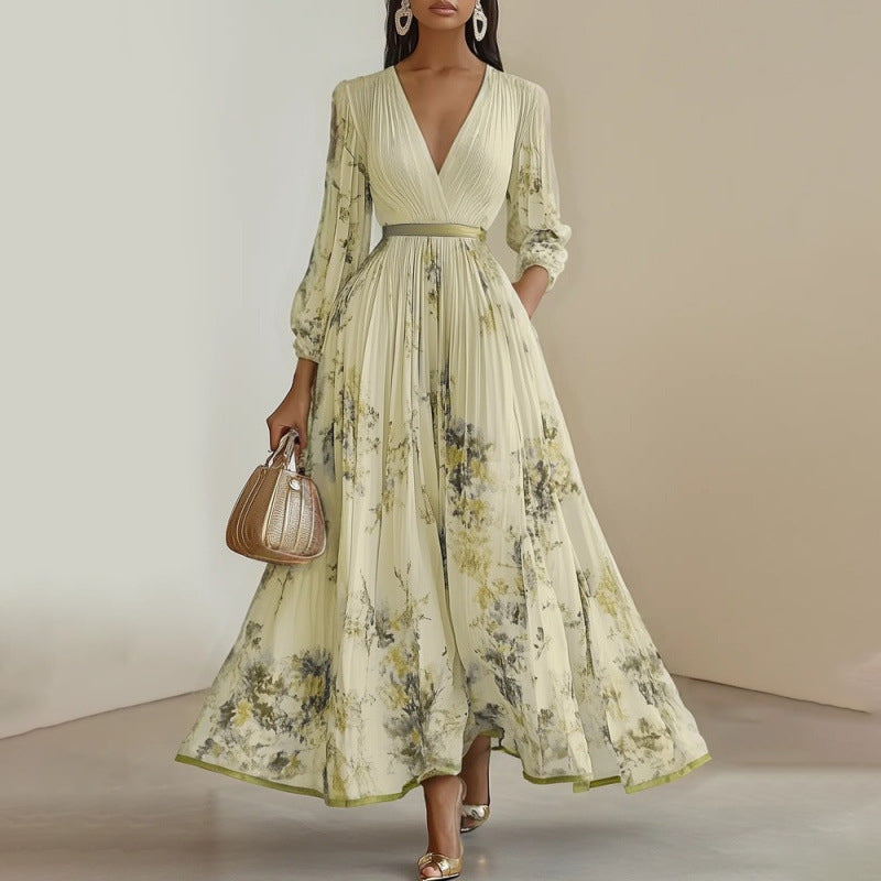 Cecelia - Women's Floral Pleated V-Neck Maxi Dress