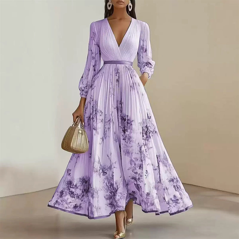 Cecelia - Women's Floral Pleated V-Neck Maxi Dress