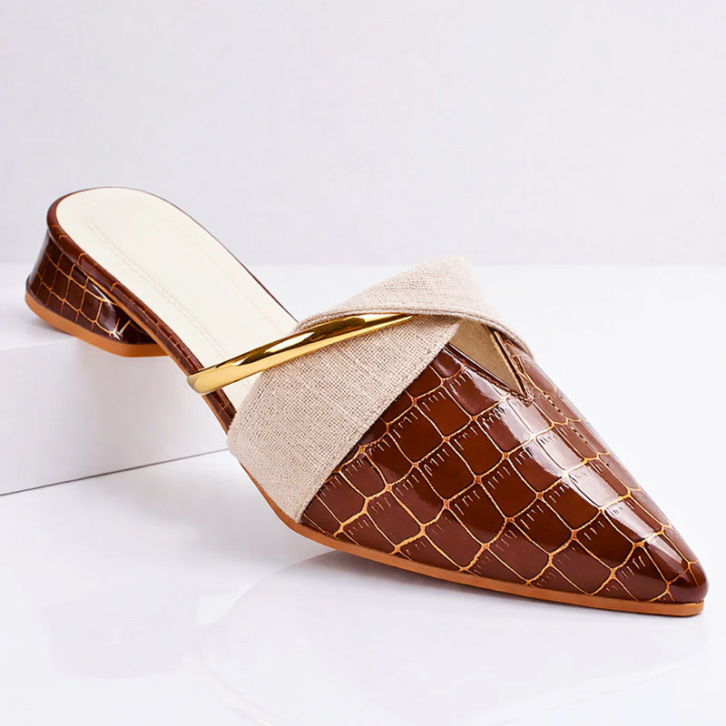 Chloe - Women’s Pointed Toe Croc Pattern Slip On Mule Flats