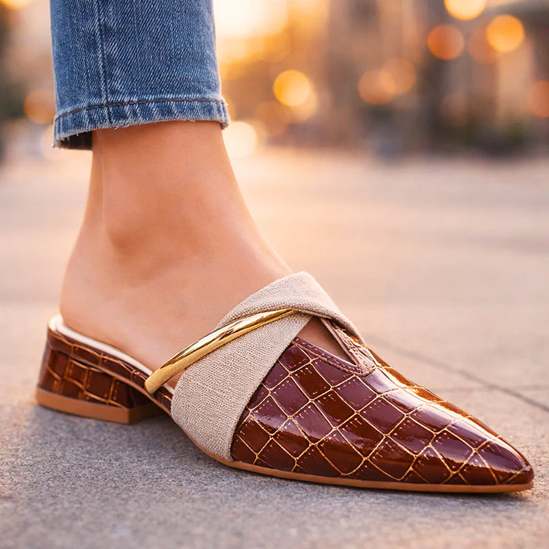 Chloe - Women’s Pointed Toe Croc Pattern Slip On Mule Flats