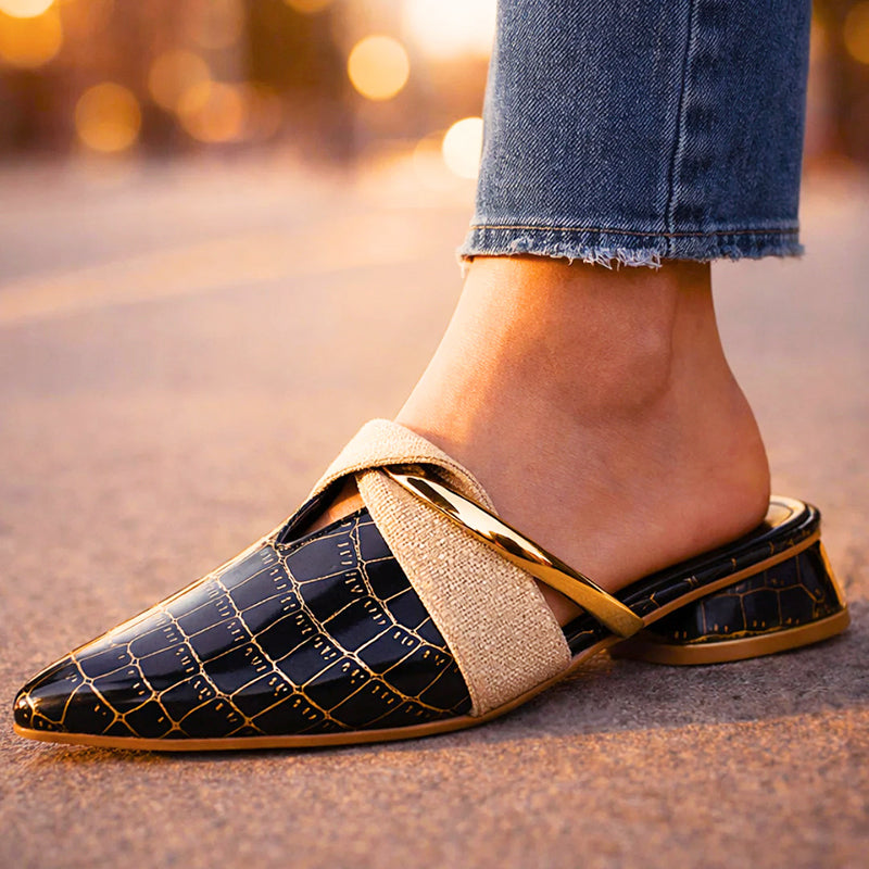 Chloe - Women’s Pointed Toe Croc Pattern Slip On Mule Flats