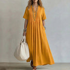 Claire - Women's Pleated Linen Look Maxi Dress