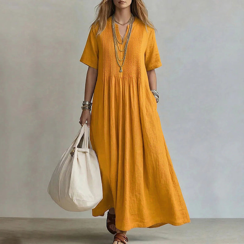 Claire - Women's Pleated Linen Look Maxi Dress