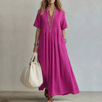 Claire - Women's Pleated Linen Look Maxi Dress